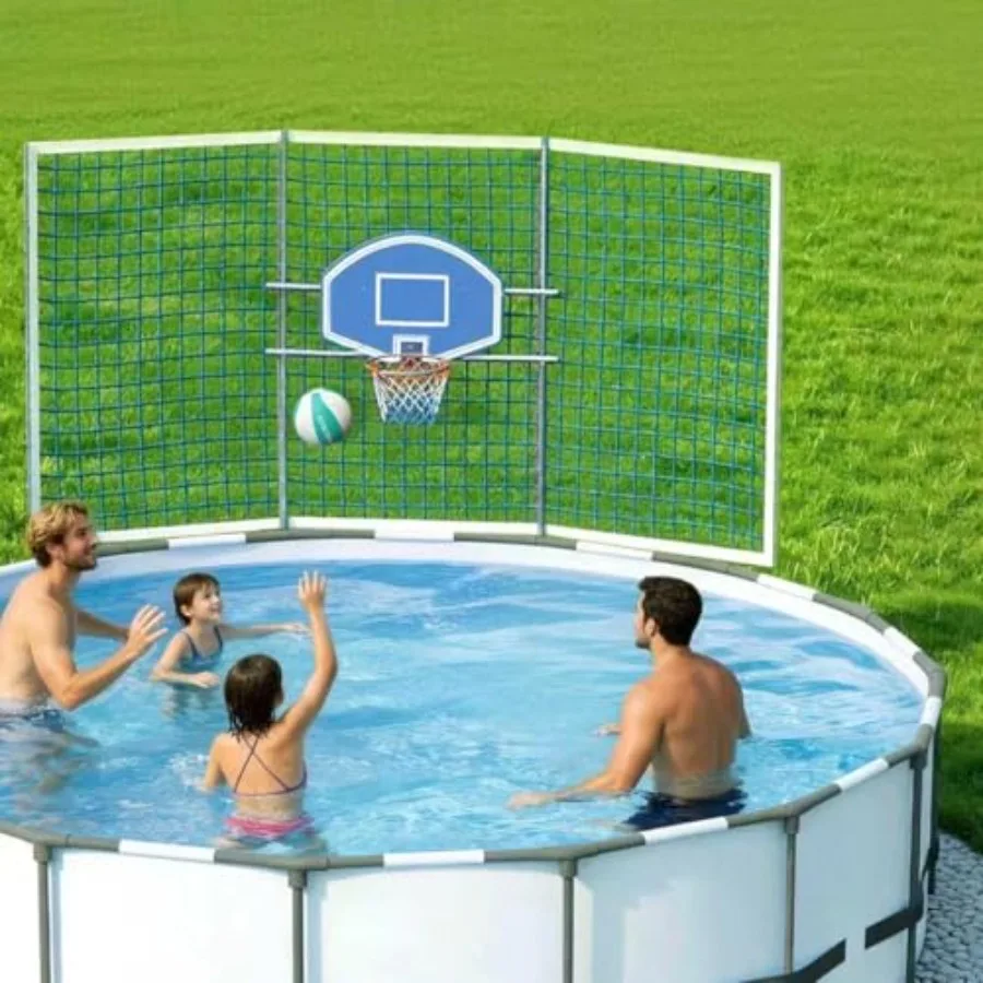 

Above Ground Round Frame Pool Basketball Hoop: Stainless Steel, Adjustable Height, Heavy Duty Outdoor Use with Backstop Net, 2