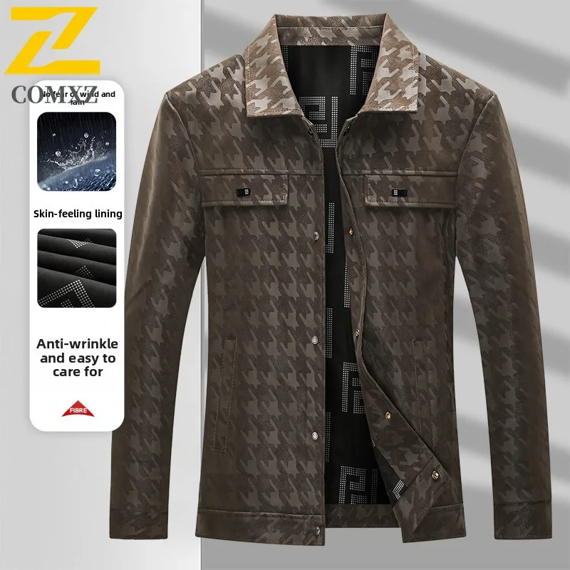 2025 Retro Men's Leather Jacket Spring Autumn High End Trendy Grid Camouflage Windproof Jackets Male Business Party Lapel Coat