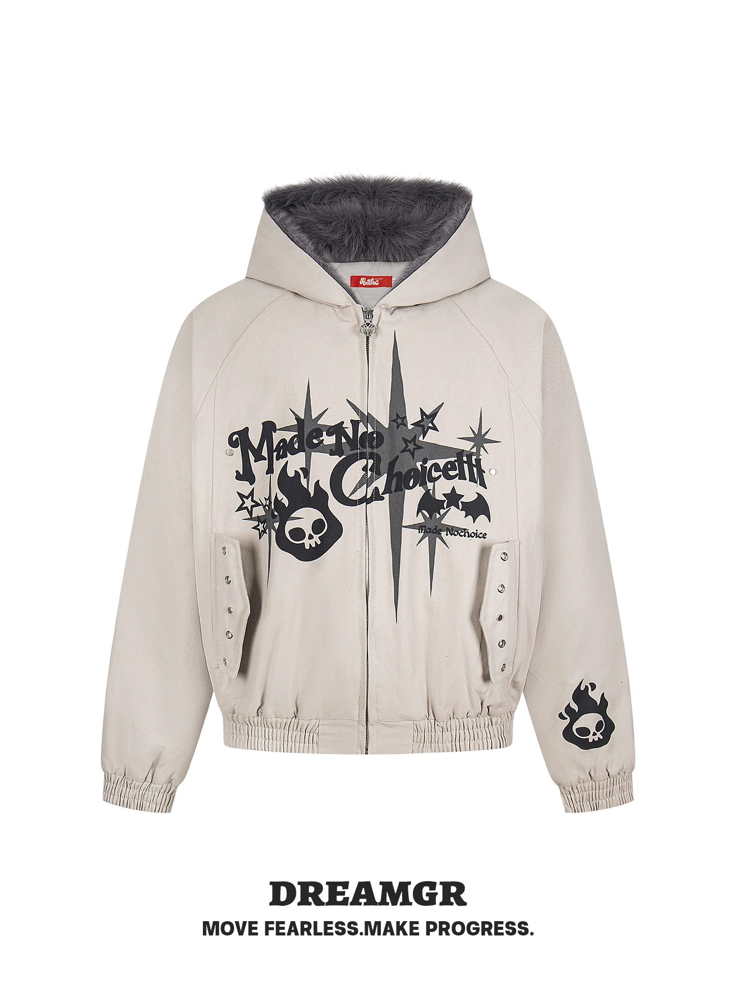 

American High Street Sle Skull Print Hooded Open Cardigan Sweatirt Jaet ex Winter Cotton Blend Thiened Warm Coat