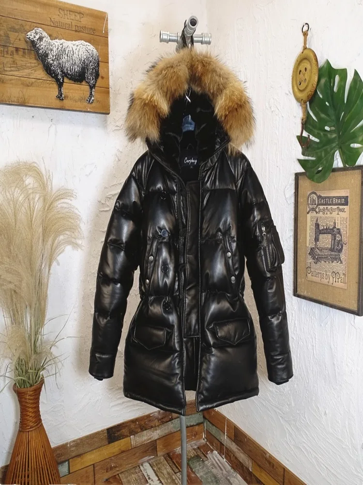 

YR!Free shipping.sales.quality winter warm leather jacket.classic N3B 90% White down coat.soft soft sheepskin clothes.real fur