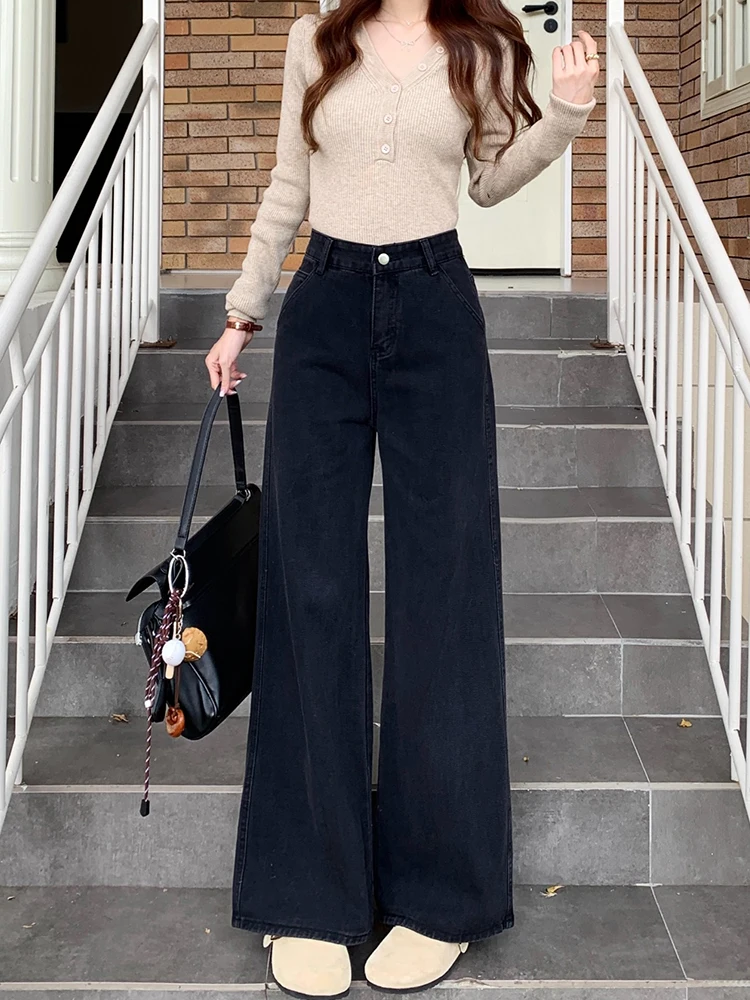 스트레이트 진 여성 자수 레이스업 진주 비즈 장식 러플 예술적 여성미 미학적 시크 편안한 부드러운 모던 가을