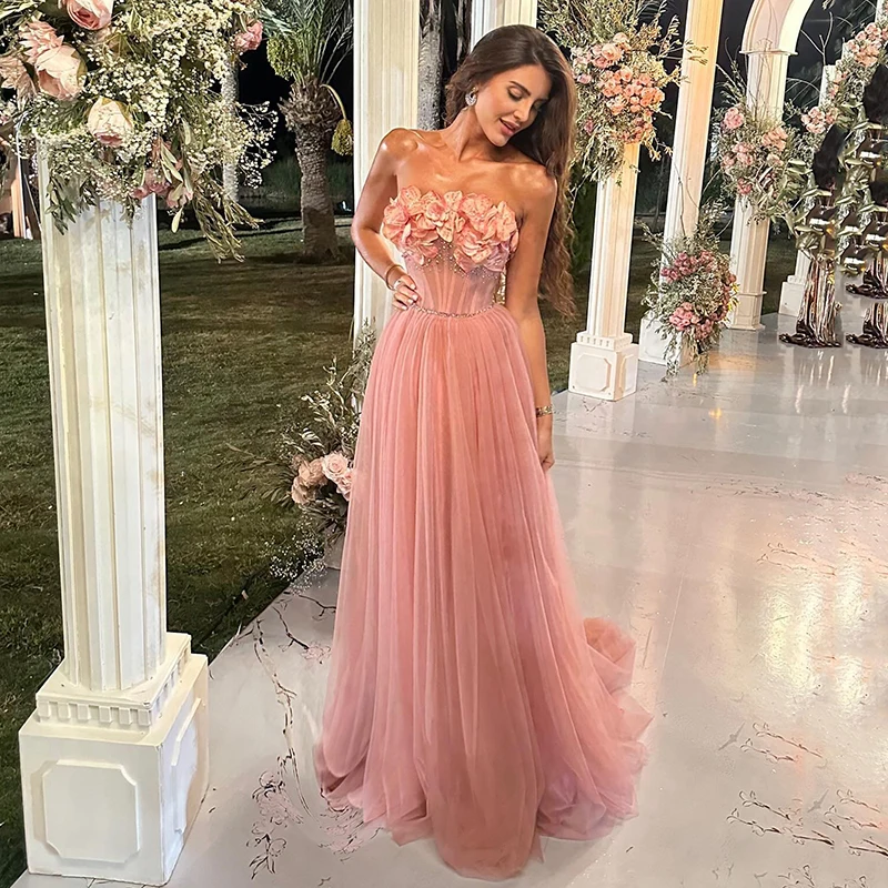 Thinyfull Women A-Line Prom Evening Dresses Strapless Appliques Tulle Party Dress Formal Night Cocktail Prom Gowns Custom Size