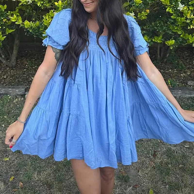 Damen Puffärmel Babydoll Minikleid Y2K Spitzenbesatz Rüschen Fließende Kleider Sommer Locker Sitzende Swing-Kleider für Ausgehoutfits