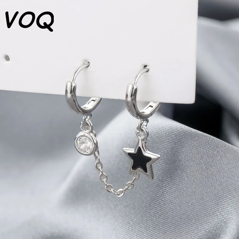 VOQ Double Ear Hole Hoop Earring Zircon Glaze Star Tassel Chain Earrings For Women Silver Color jewelry