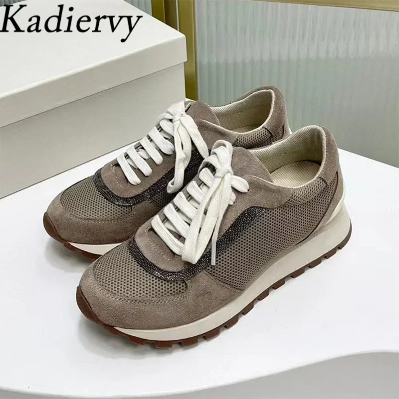 

Casual Shoes Woman Round Toe Chain String Bead Comfort Running Shoes Ladies Cow Suede Patchwork Lace Up Flat Sneakers Women