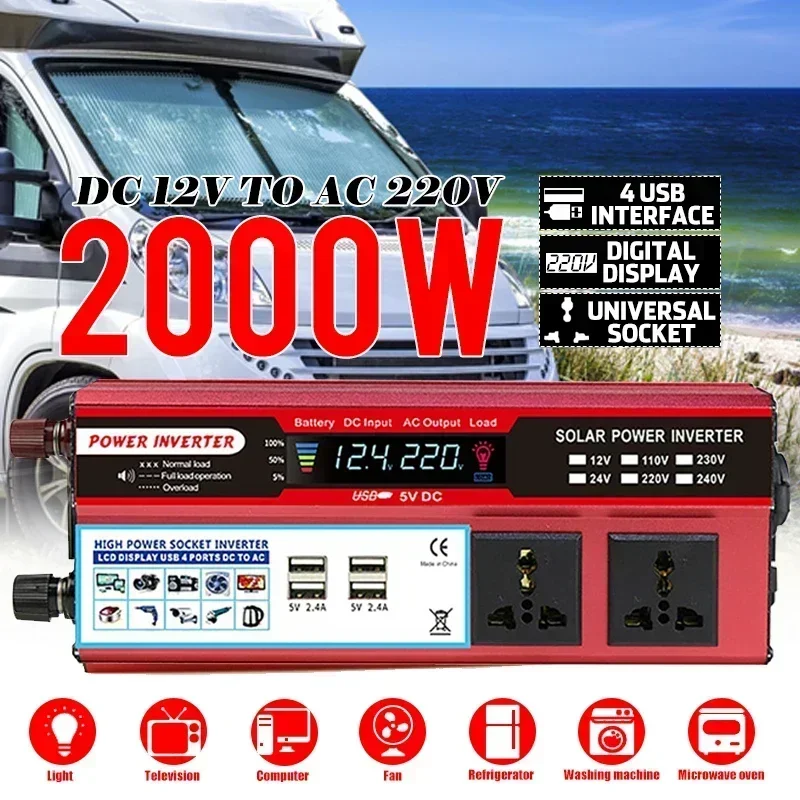 

Peak 2000W Inverters Modified Sine Wave Solar Power DC 12 To AC 220V Voltage Transformer Car Adapter Solars Charging Converter