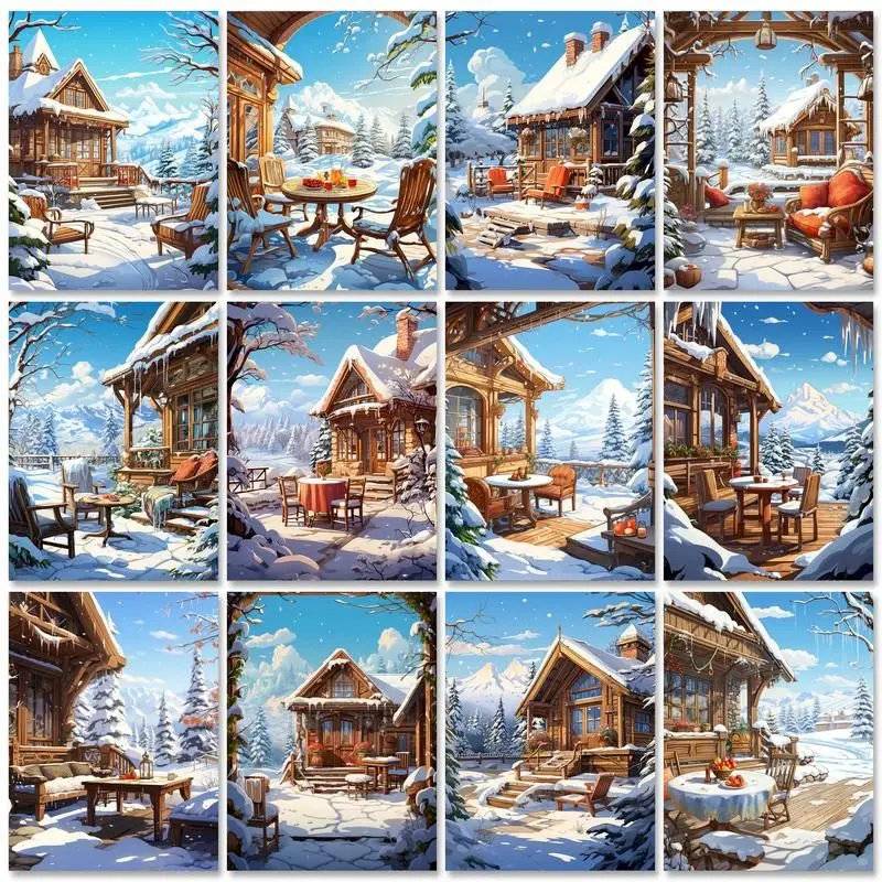 GATYZTORY Oil Painting By Numbers With Frame Drawing By Numbers Winter Snow House Handiwork Pictures By Numbers Home Decors