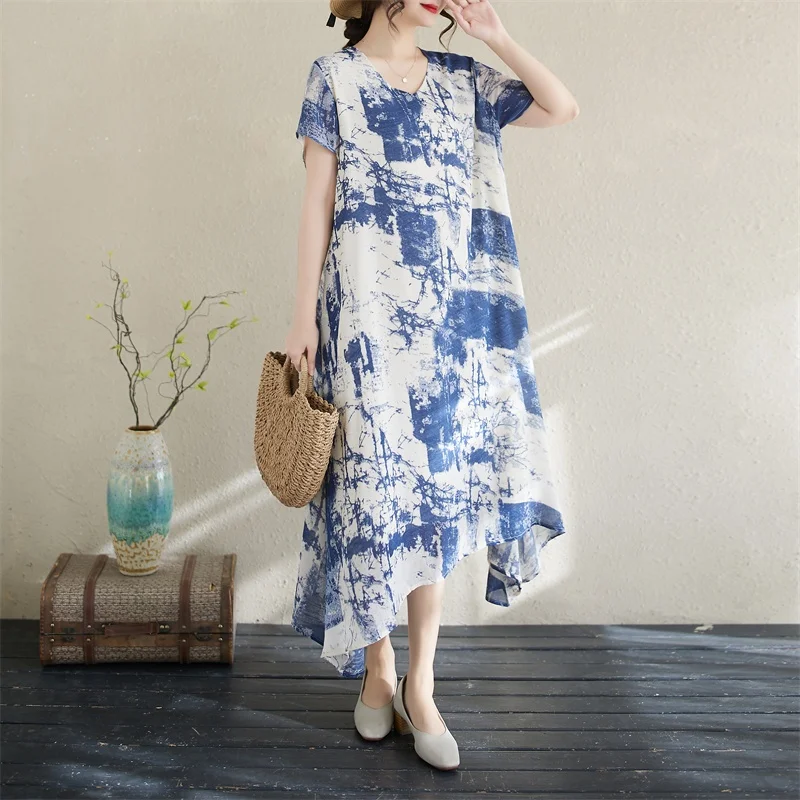 سفر طويل Dr round Ne V-Ne مطبوع من القطن والكتان فضفاض مناسب للتخسيس وحاشية غير متماثلة وطباعة زهور للوسائط المائية