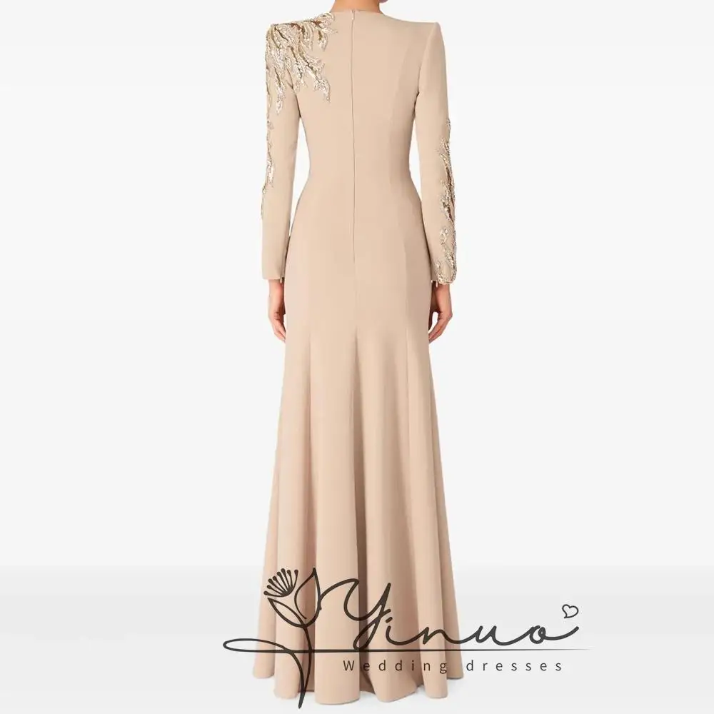 Customized Evening Dresses Floor-length O-neck Full Sleeve Prom Gown Fashion Crystal Beading Simple Draped image 2