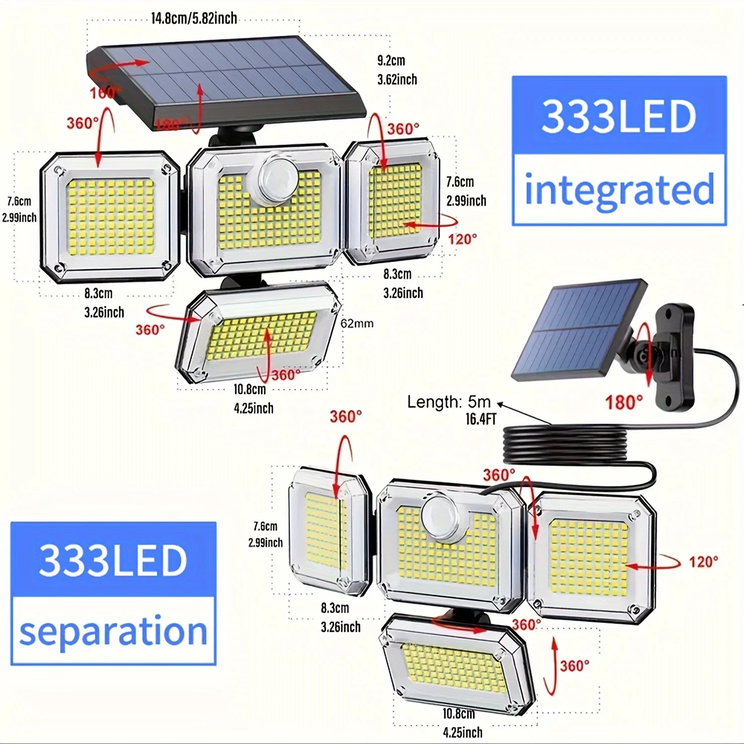 Lampade da parete solari a LED per esterni 333 sensore di movimento 3 modalità impermeabili 4 fari solari a testa faretti per Patio Yard Garden