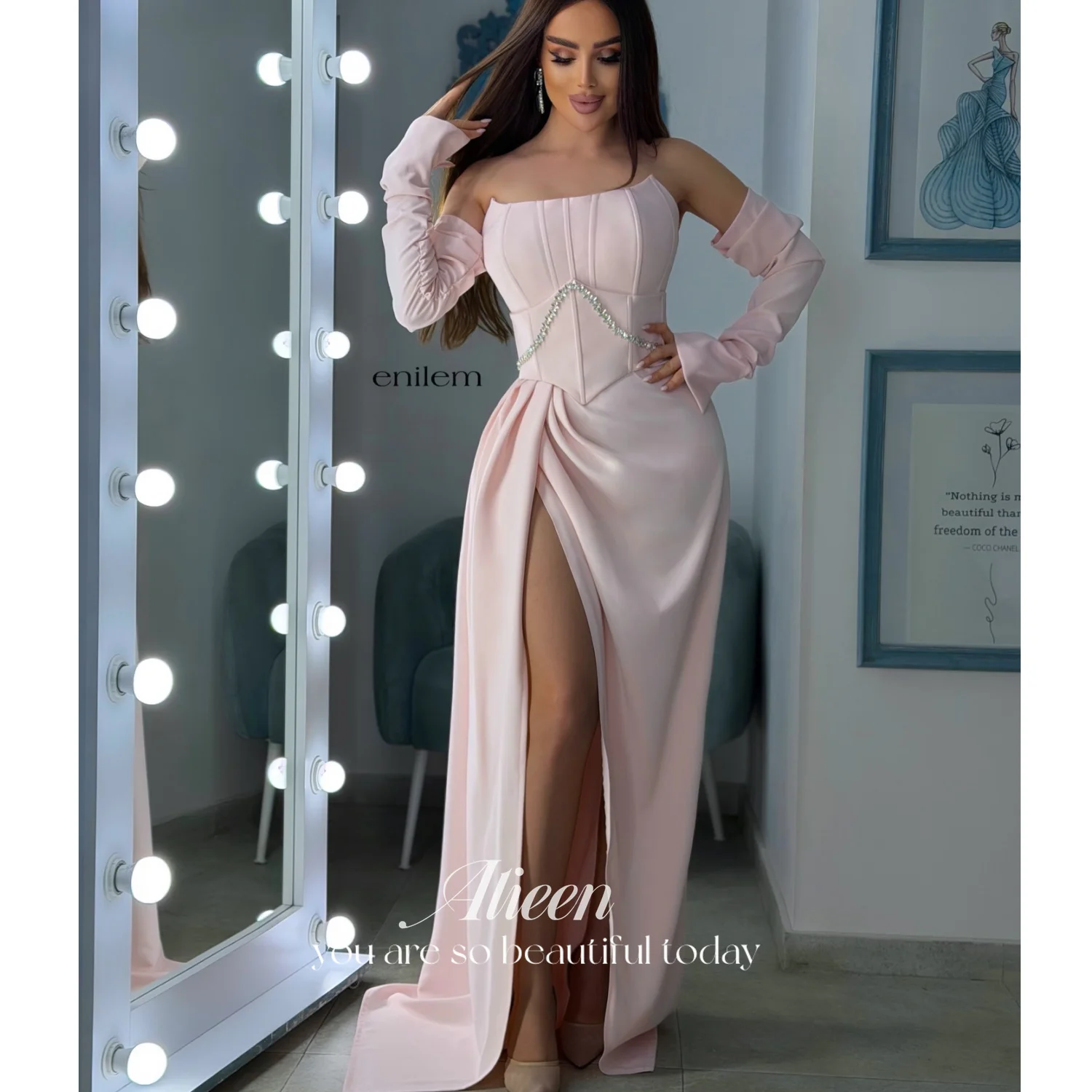 

Aileen Pink Satin Off Shoulder Evening Dress Hot Sale Long Sleeve Sheath Floor-Length Beading Formal Party Dress Customized