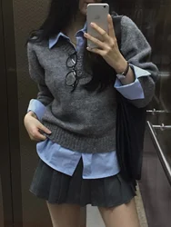 Retro Korean Style Long Sleeve Shirt Collar Knitted Sweater Women's Early Spring New Design Anti-Aging Fake Two-Piece Top