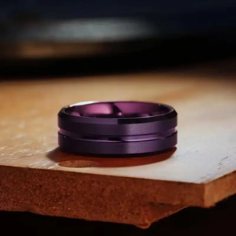 Classic Stainless Steel Men's Ring Purple Bevel Edge Slotted Design Fashion Jewelry Accessory Gift Sizes 6-13