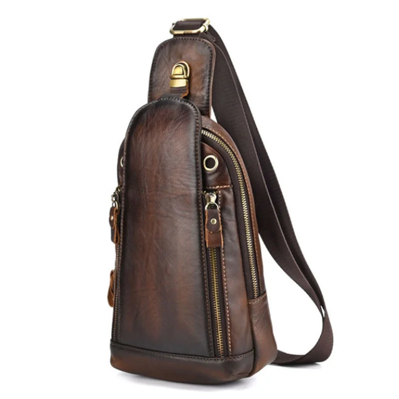 OYIXINGER Genuine Leather Chest Bags For Men Crossbody Bag Vintage Distressed Men's Retro Bag Leisure Hand Rubbing Bags For Male