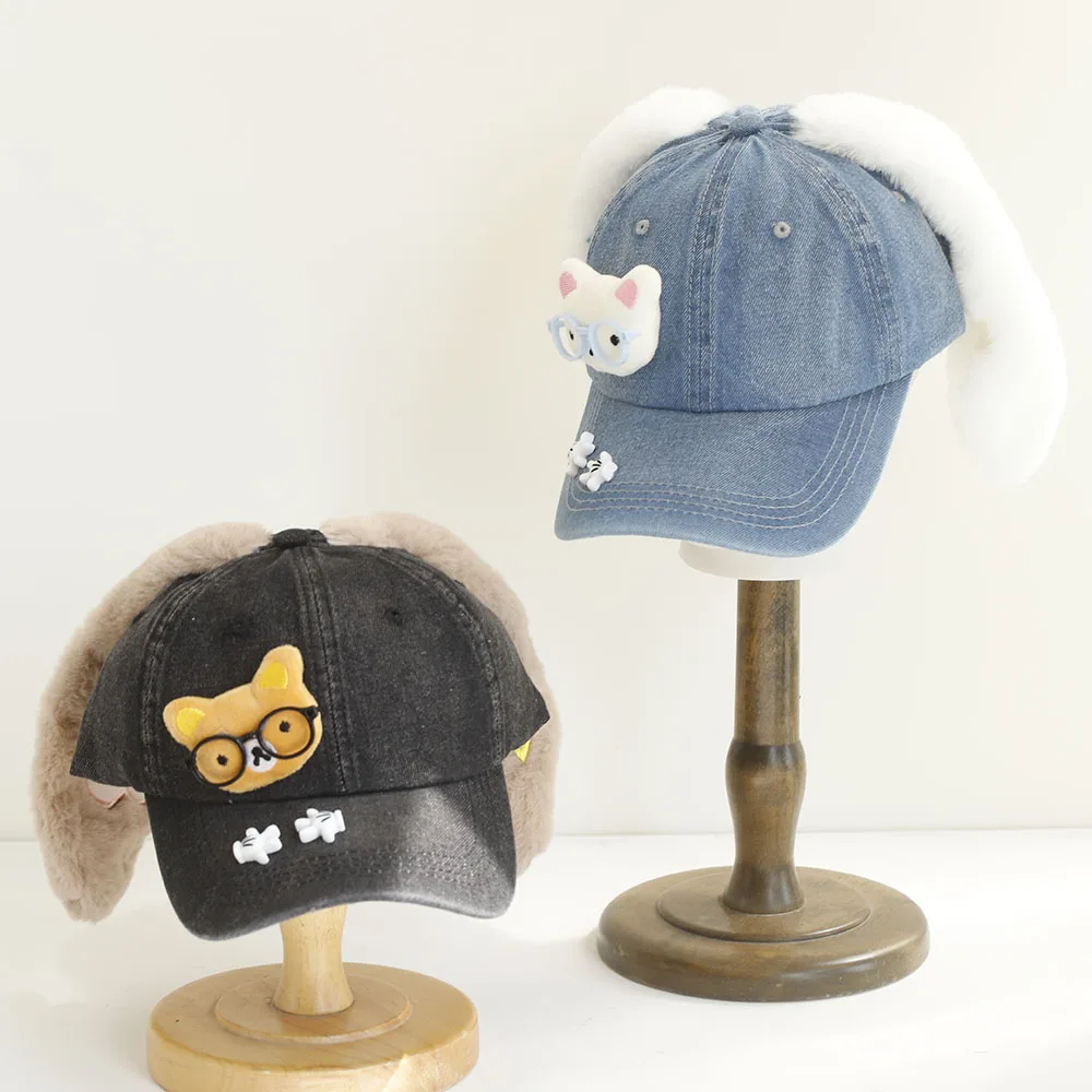 2026 cute long-eared rabbit Baseball Cap Students Cute Funny Headphones Glasses Duckbill Cap Suitable For Take Photo Matching