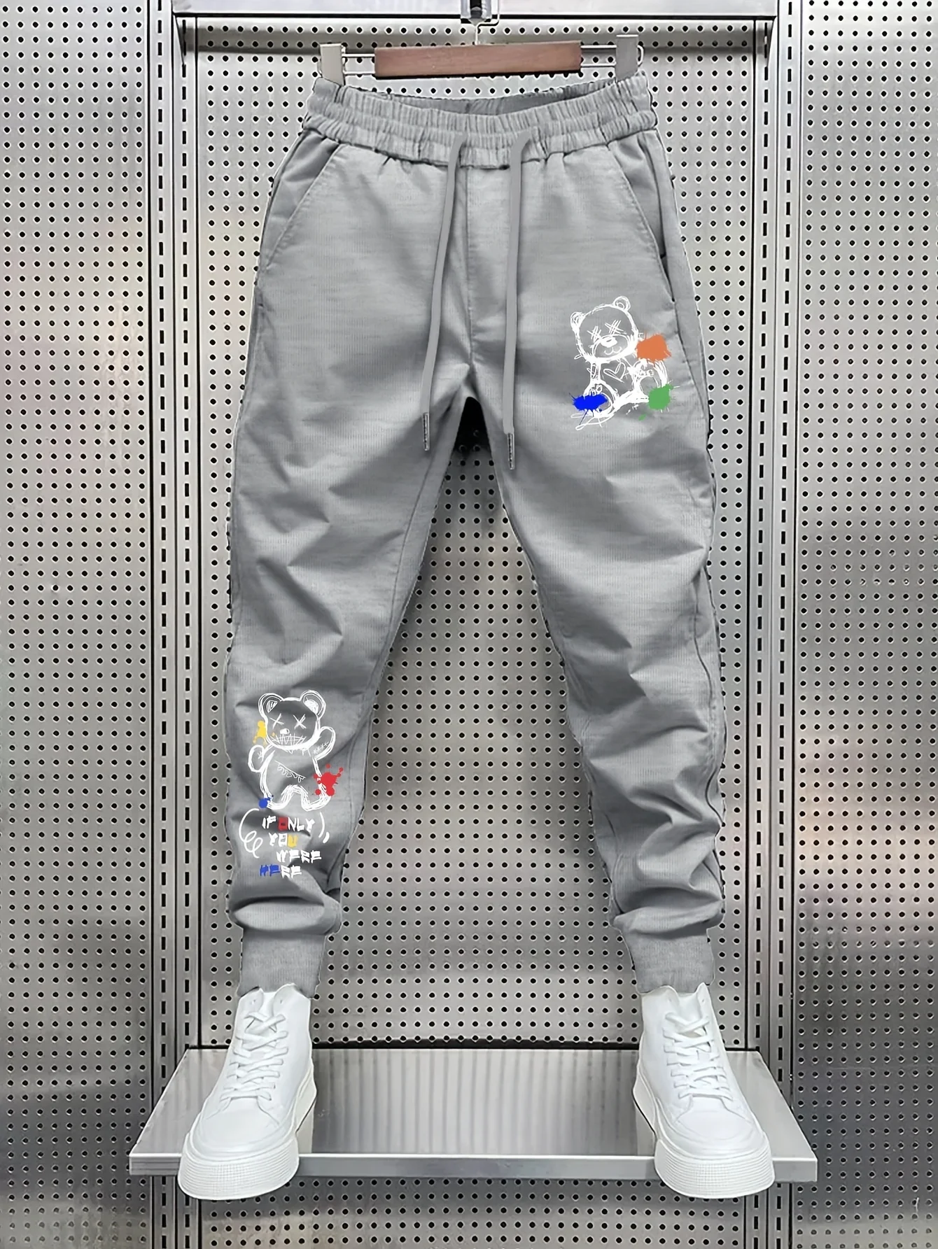 Playful hand‑drawn teddy bear creative dual‑side printed sweatpants men hip hop sports casual jogger pants