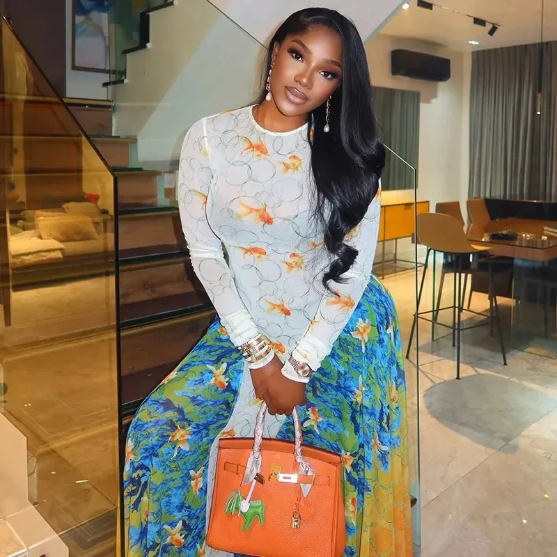 

Women's Goldfish Colorful Print O-Neck Long Sleeve Waistband A-Line Long Dress, Gauze Spliced, Slight Perspective