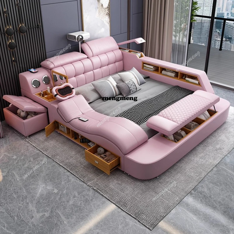 

King Size Double Bed Headboard Leather Massage Storage Bed Tatami Deluxe Upholstered Camas De Dormitorio Bedroom Accessories