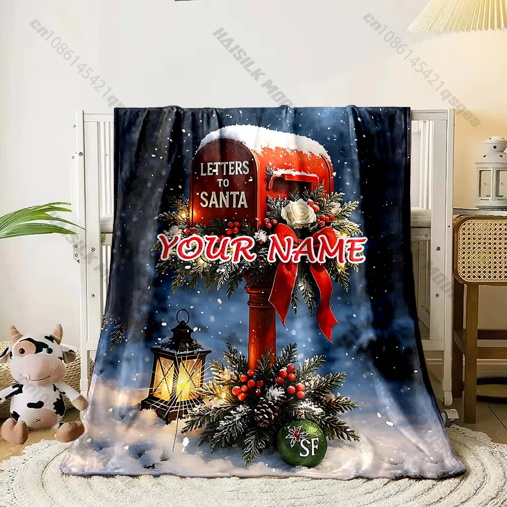 Custom Name Santa Mailbox Christmas Blanket Snowy Red Postbox Festive Floral Flannel Sofa Throw Blanket Xmas Gift