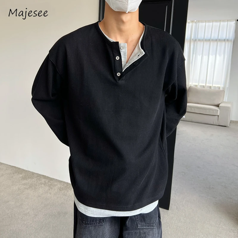 Spliced Sweatshirts Men Fake Two Piece Japanese Style Baggy Casual Corduroy Trendy Daily Hipster Handsome City Boy Prevalent