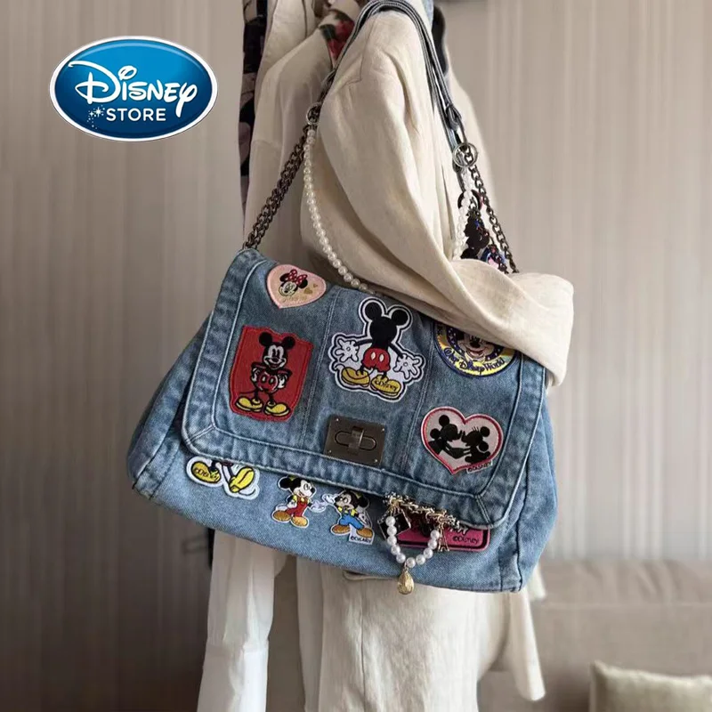 Disney Mickey Women Denim Shoulder Bag Cartoon Personality Girl Shoulder Messenger Bag Retro Denim Lady Bag With Pendant