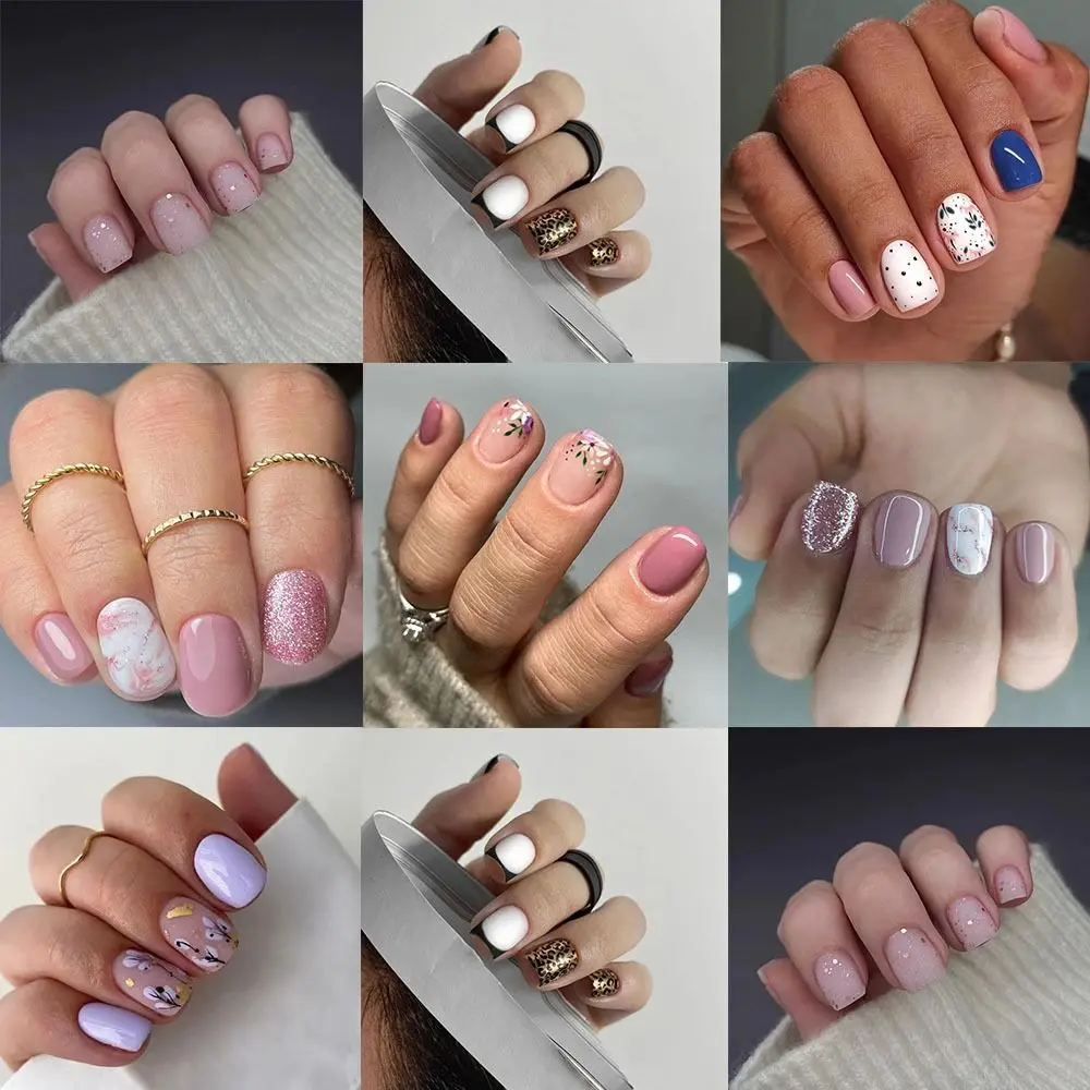 24 Stuks Korte Ronde Valse Nagels Franse Bloemen Glitter Plakjes Luipaard Volledige Dekking Afneembare Franse Nagel Tips