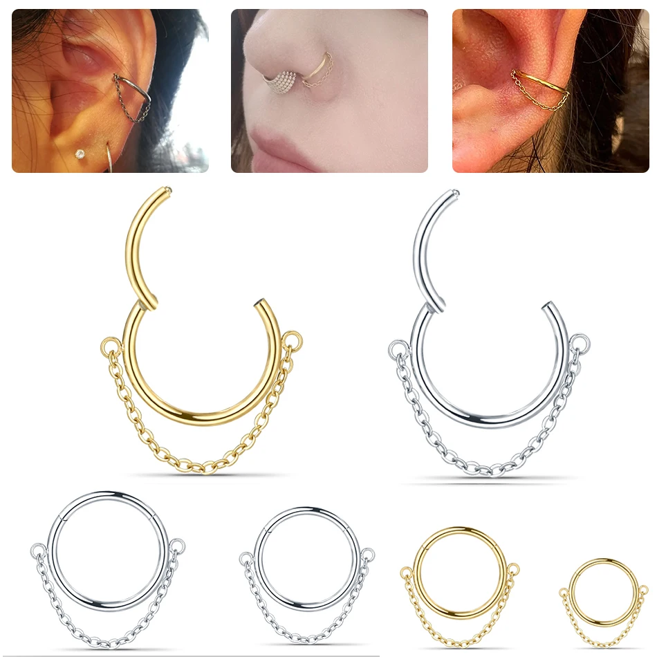 

Stainless Steel 16G Hinged Segment Clicker Septum Nose Ring with Chain Cartilage Earring Helix Lobe Piercing Septo Jewelry Women