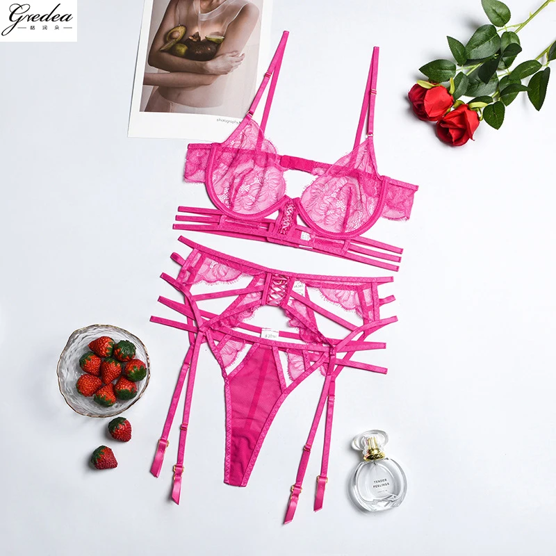 

GREDEA Ladies Underwire Bra Set Thin Lace Mesh Perspective Sexy Lingerie Summer New Fashion Hollow Out Women's Erotic Underwear