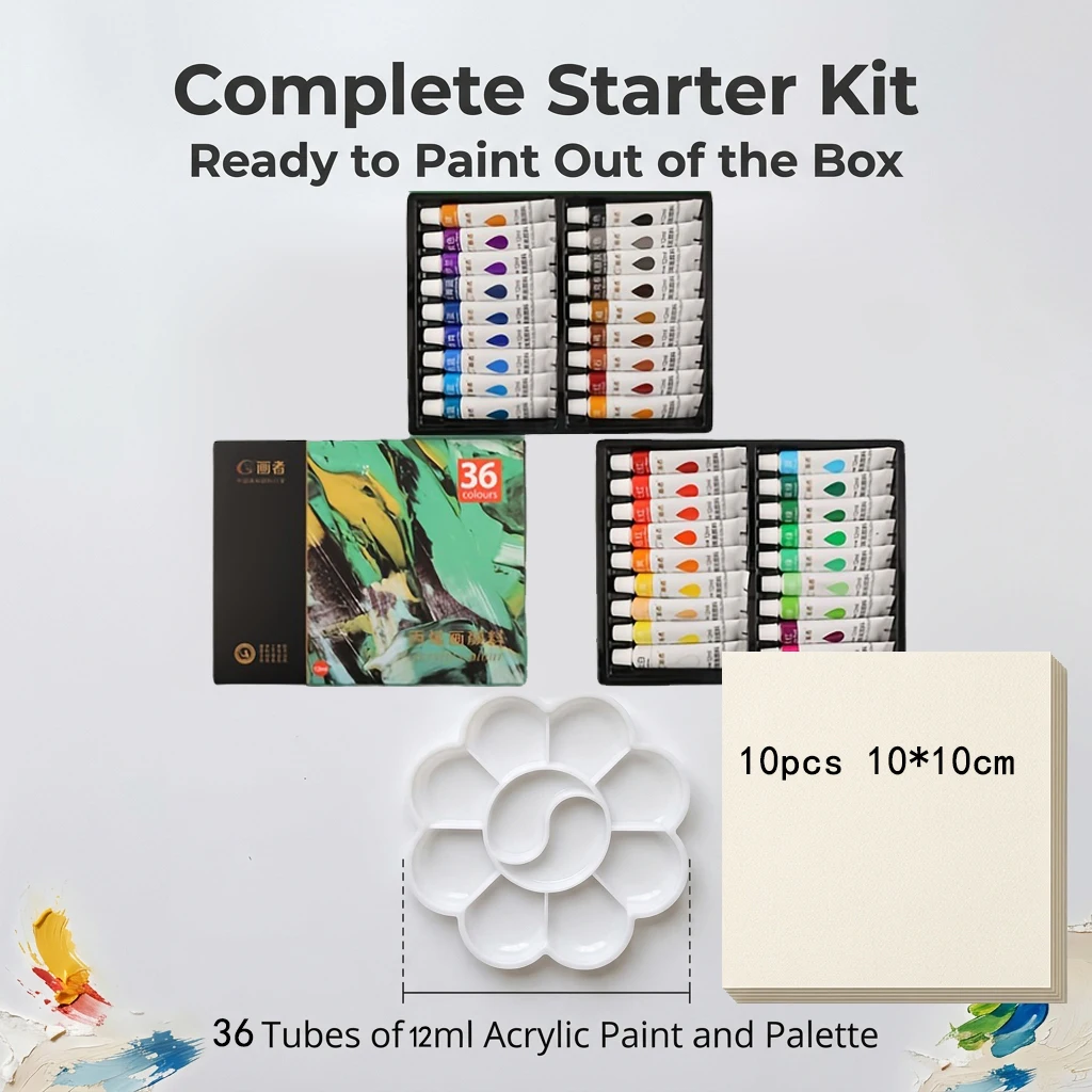 Acrylic Painting Kit for Students - 12/18/36 Colors Pigments Palette 10 Sheets 10x10cm Watercolor Paper Set