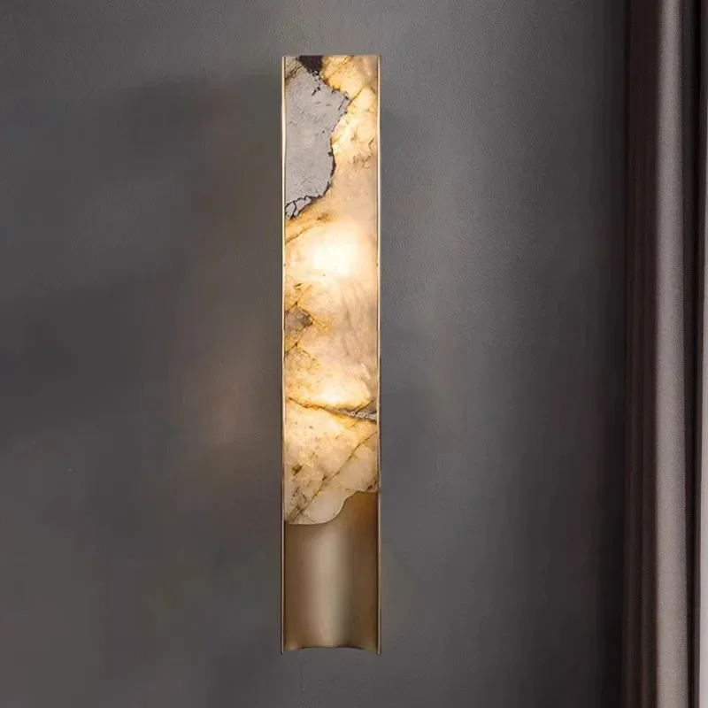 Modern Wall Sconce Linear Brass Wall Lamp Luxury Long Strip Marble Wall Light Bedroom Bedside Decorative LED Wall Lighting