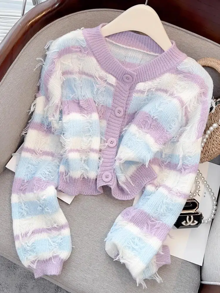 

Early Autumn Faion Tassel Knitted ort Sweater Women's 2024 New Sle Striped Cardigan Trendy Top Casual round Ne Long S...
