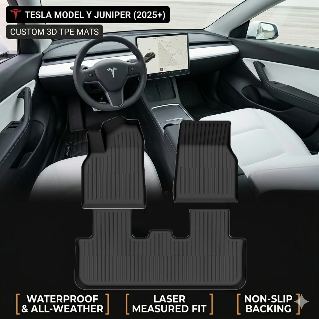 Tapis de sol compatibles avec Tesla Model Y Juniper 2025+ – Accessoires TPE, ensemble complet, revêtement de sol intégral toutes saisons, tapis de coffre antidérapant sur mesure
