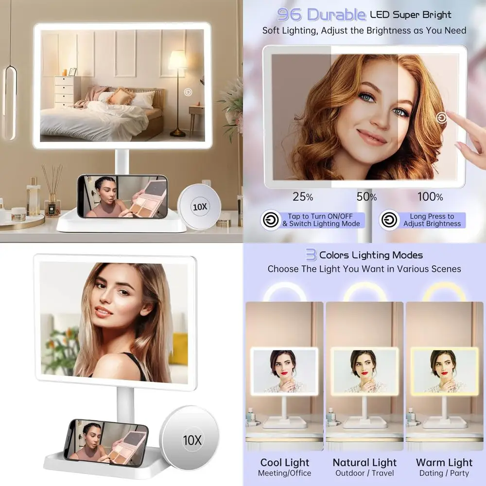 مرآة زينة مضيئة مع 96 مصباح LED، تكبير 10x، إضاءة 3 ألوان، وحامل هاتف #1