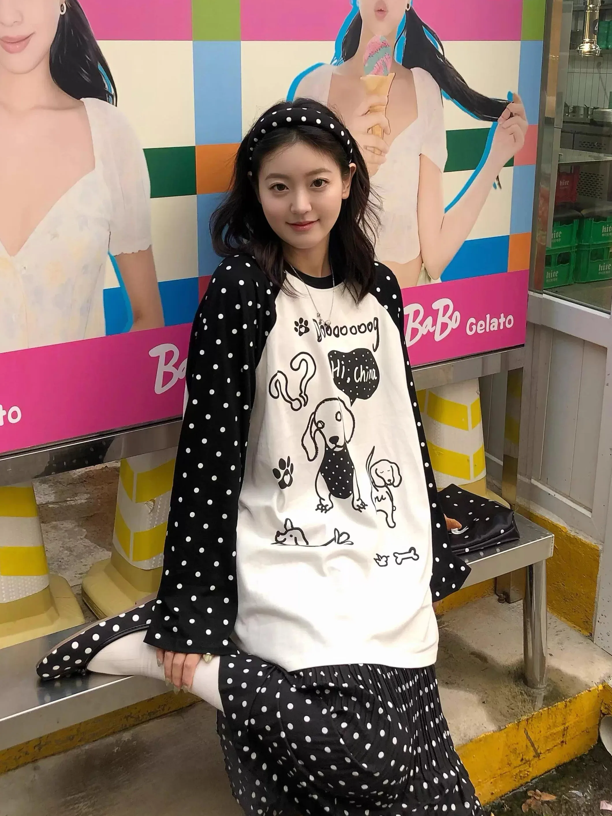 

Футболка Long Sve из чистого хлопка, женская повседневная свободная футболка в горошек с принтом собаки, удобный универсальный летний топ