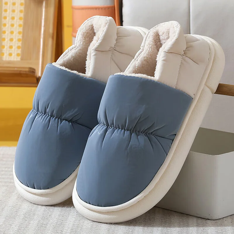 Zapatillas de mujer, zapatillas de algodón, estilo pareja, parte inferior gruesa, tela antideslizante, impermeable, parte superior alta, interior