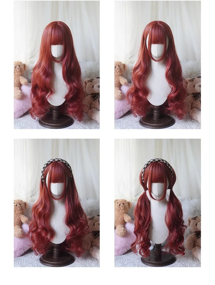 80cm Long Synthetic Hair Lolita Cosplay Wigs With Straight Bang Party Light Gold Hair Natural Wavy Wig Hairpiece for Women