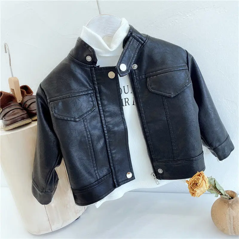 

Children's Leather Fashion and Handsome Boys and Girls Leather Coat Autumn New Children Motorcycle Clothing Soft Washed Leather