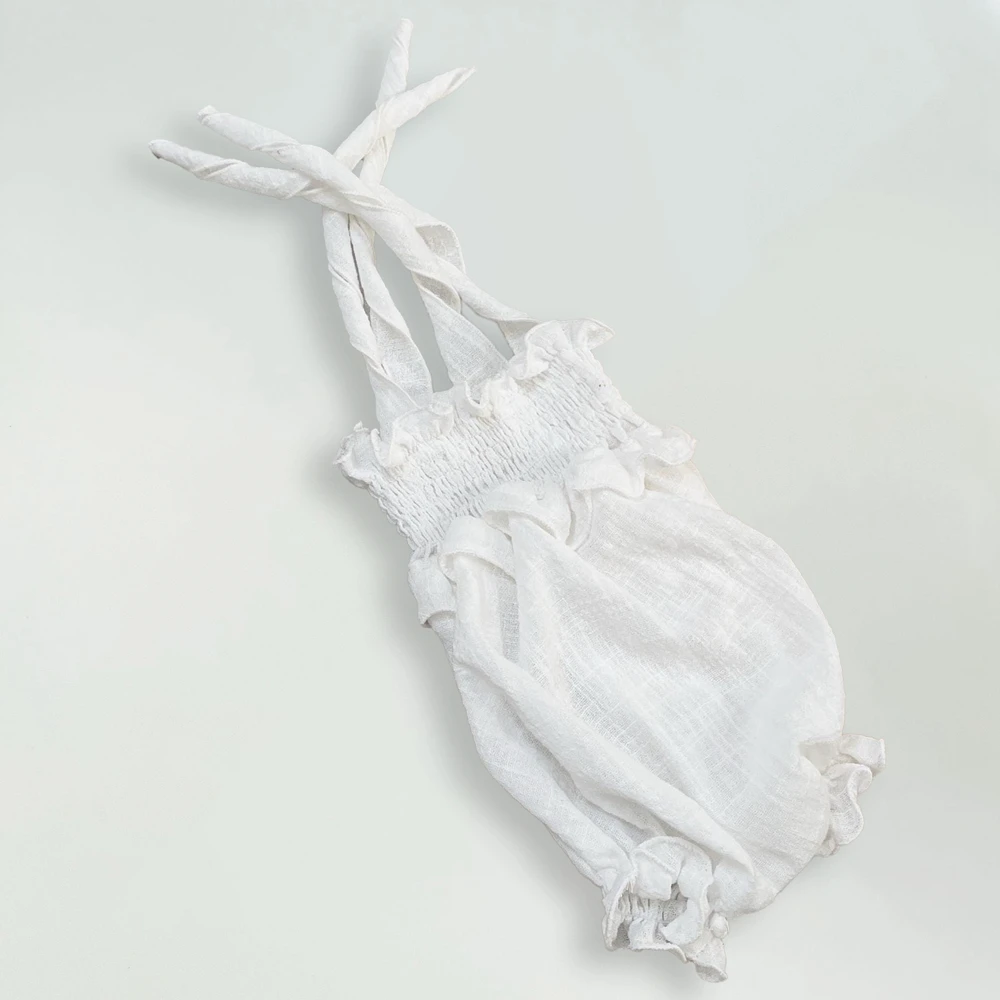 Newborn Photography Props Baby Girl Yellow Linen Cotton Off Shoulder Ruffle Tie Strap Romper Soft Infant Photo Shoot Outfit view 6
