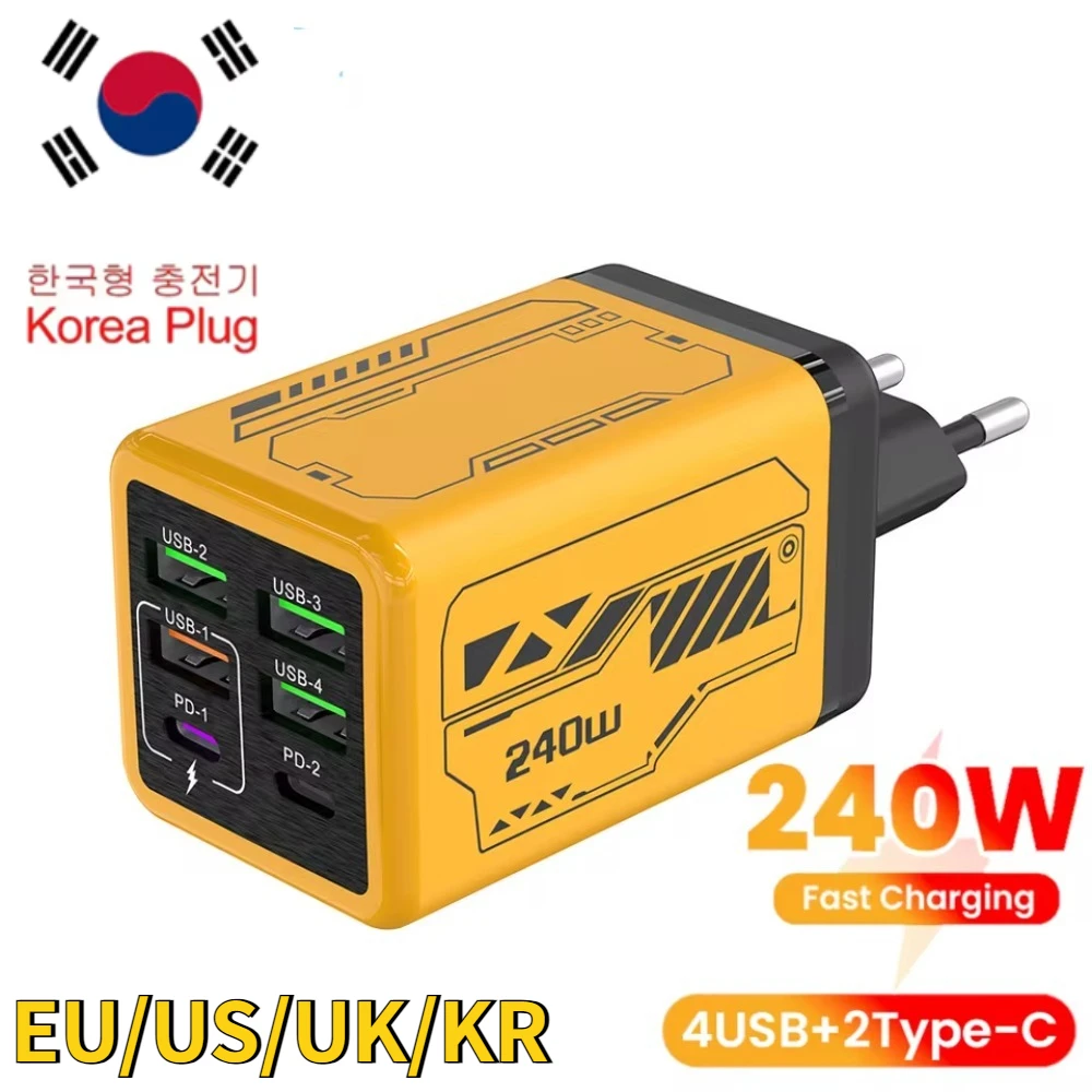 240W 6 Ports 4USB+2Type C Korean Fast Charging Mobile Phone Charger High Speed Charger For iPhone 16 15 14 Samsung Huawei POCO