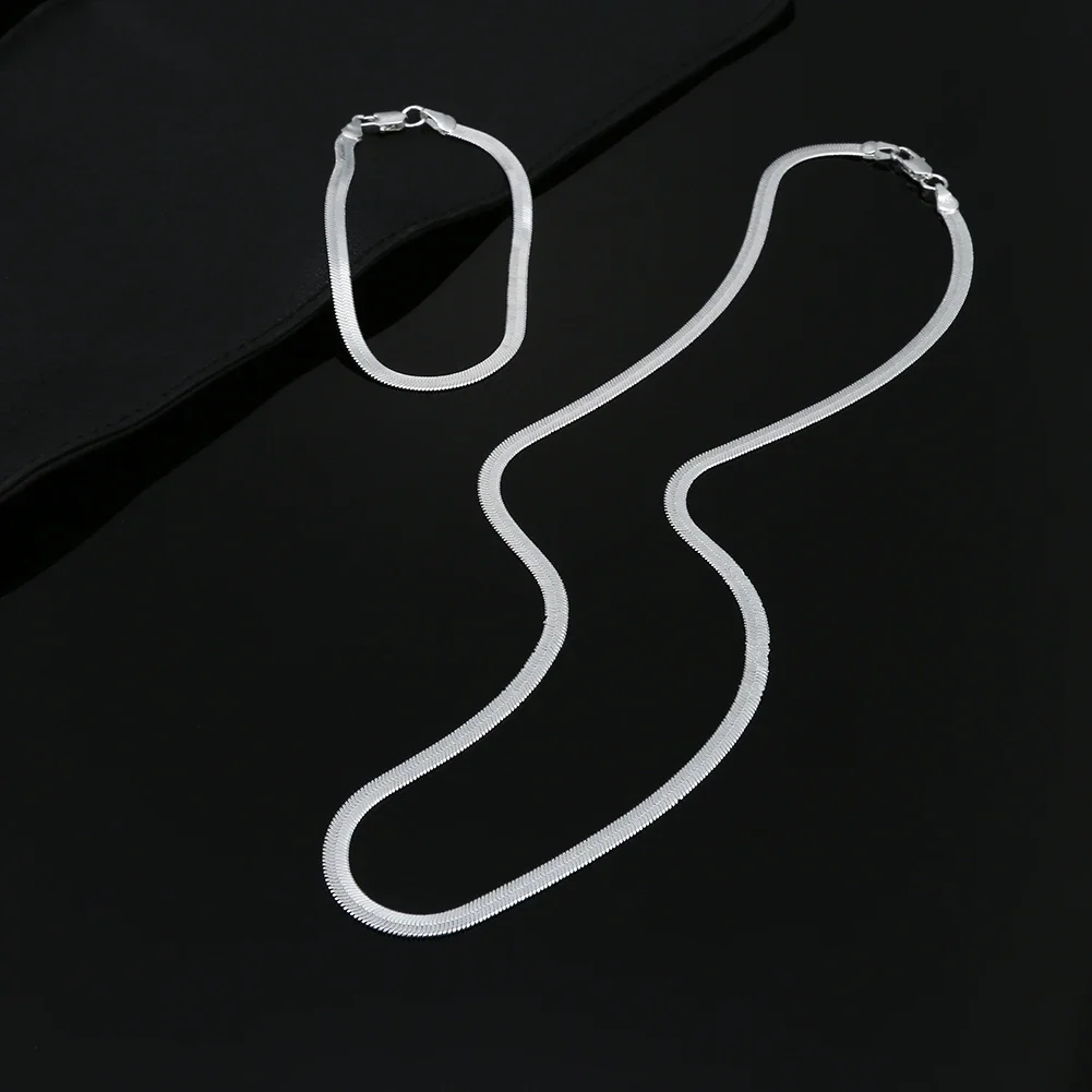 

925 Sterling Silver 4MM blade chain Bracelet Neckalce Set for women men fashion Party wedding jewelry sets gifts