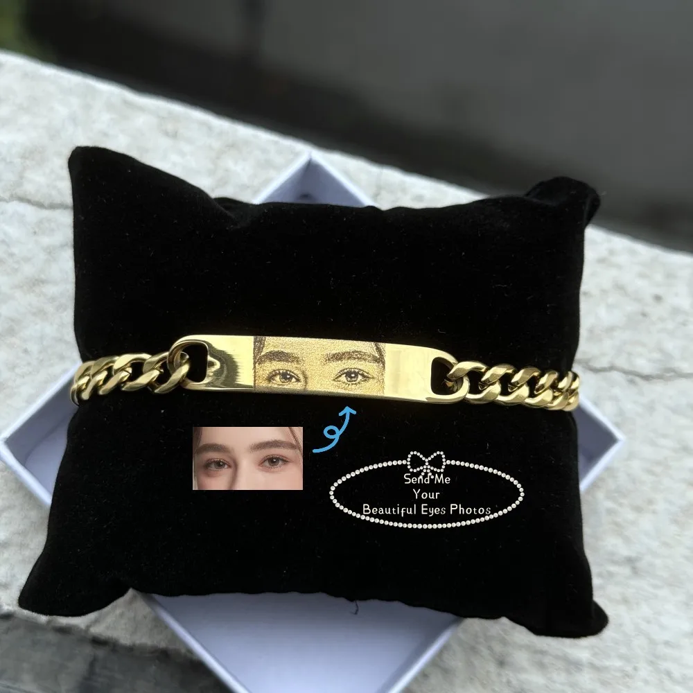 DUOYING Custom Eyes Photo Bracelet Customized Engravable Picture Couple Bracelet Stainless Steel Cuban Chain Jewelry Gifts