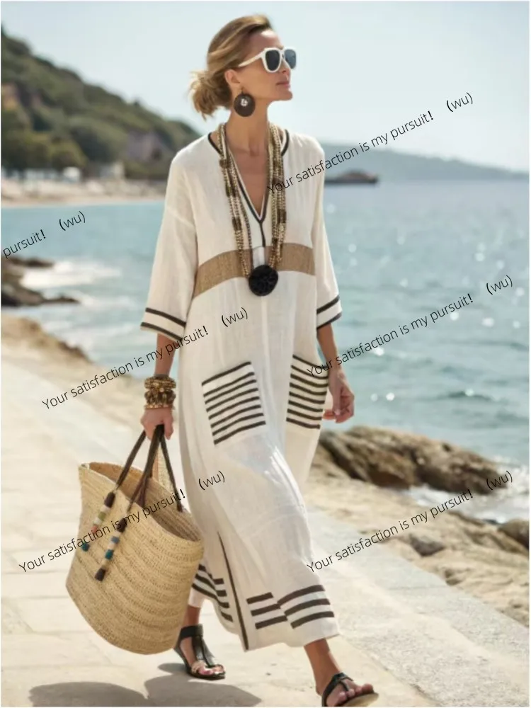 Neue Sommer Große-größe Gestreiften Druck Lange Große-speichen V-ausschnitt Kleid Modische Beiläufige Lose Elegante Tasche Kleid Frauen