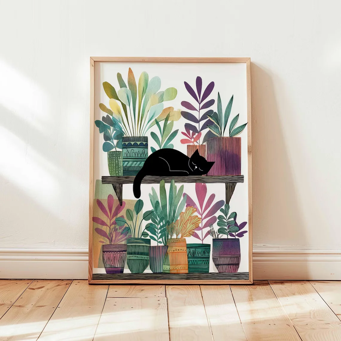 Serene Cat & Plant Shelf Wall Art - Calming Print Celebrating Feline Rest. The Soft Watercolor Style and Vibrant Green Foliage C