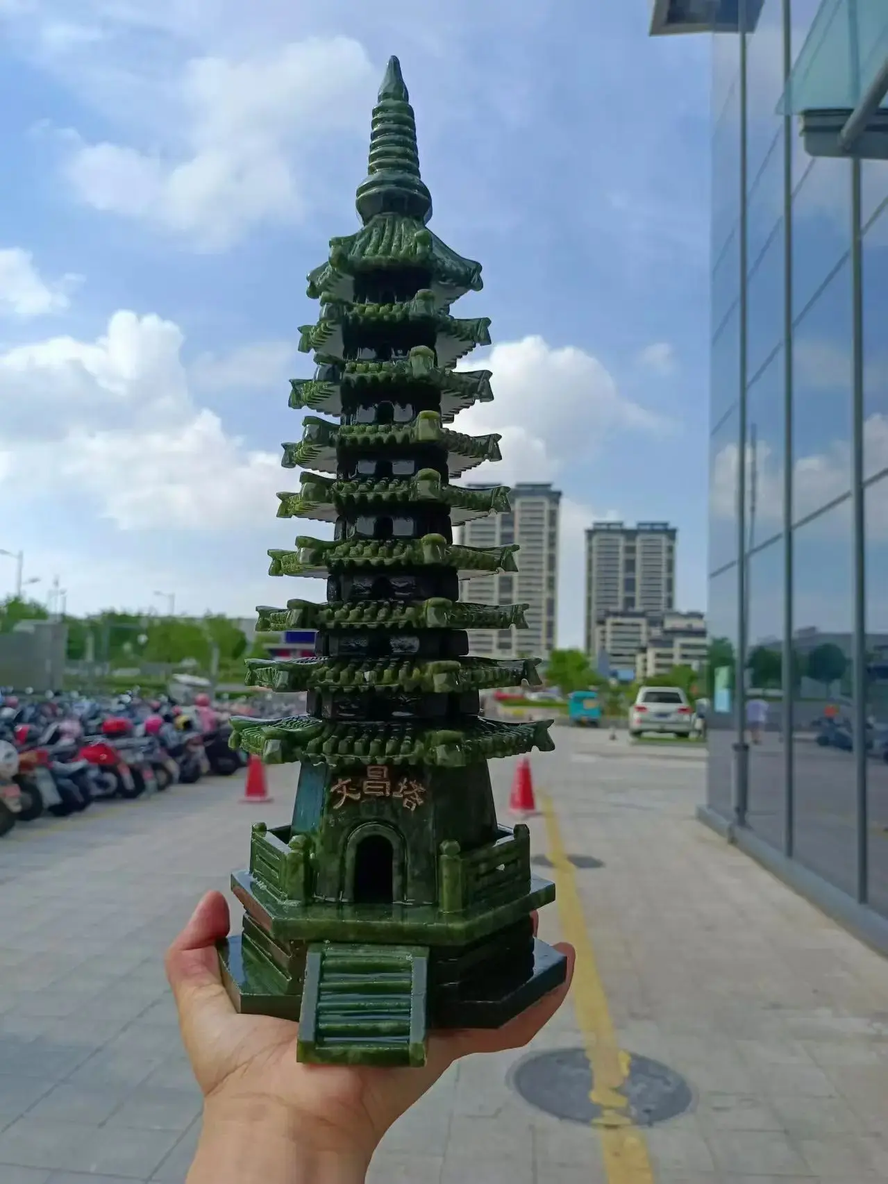 35-38cm Natural Xiuyan Jade Tower,Quartz Crystal,Xiuyan Jade Ore Hand-Carved,Multi-Layer Wenchang Tower,Mineral Reiki Treatment