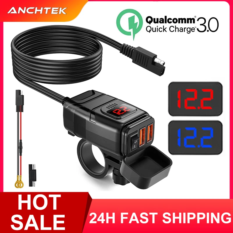 

Anchtek Motorcycle USB Charger QC3.0 Handlebar Fast Charging Waterproof 12V Socket Adapter With Voltmeter Motorcycle Accessories