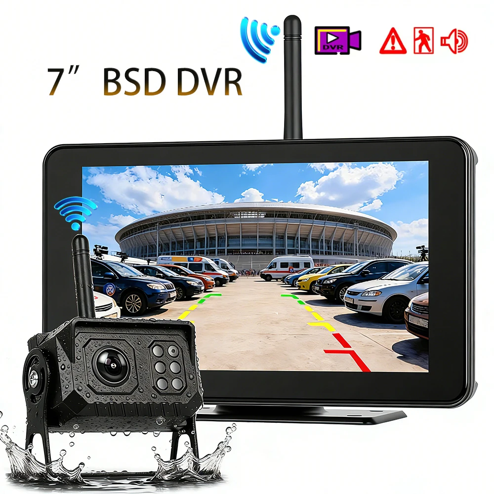 

Цифровая беспроводная камера заднего вида с HD DVR-рекордером, сигнализацией BSD и 7-дюймовым сенсорным монитором с 4-канальным разделением экрана для грузовиков, прицепов, автобусов, фургонов, грузовых автомобилей