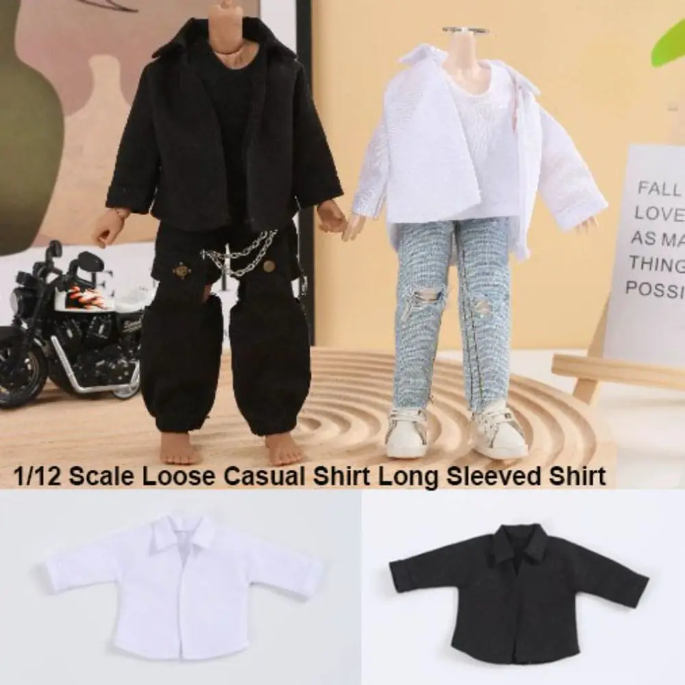

Solid Color 1/12 Scale Casual Shirt Loose Fashion Long Sleeved Shirt Black/White Cute for 6'' Figure Doll