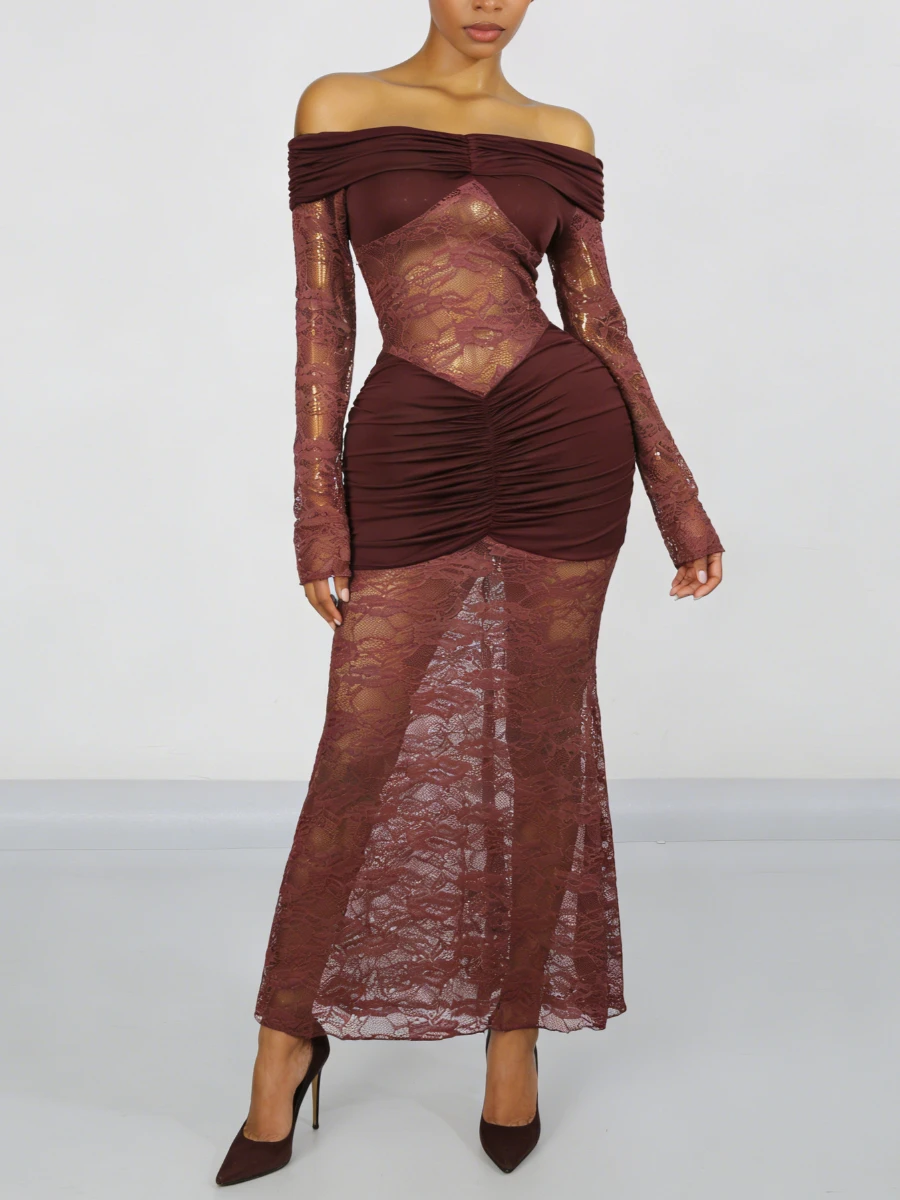 VGH Solid Slimming Spliced Lace Dresses for Women Slash Neck Long Sleeve Sexy Intellectual Dress Female Summer Fashion Style New