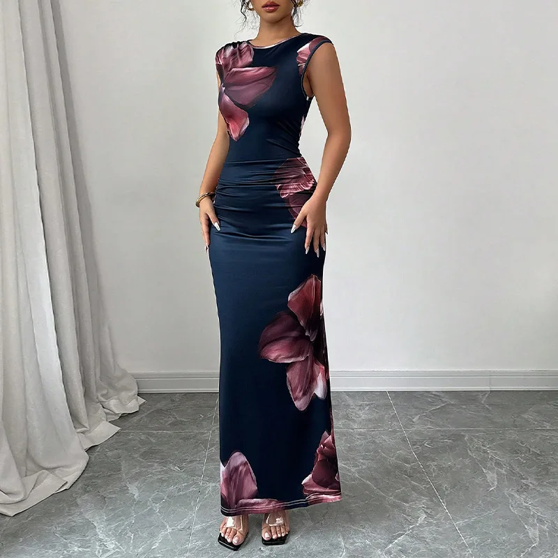 

2025 Cross-Border Women's Slim Fit Printed Sleeveless Sheath Dress Evening Party Bodycon Maxi Gown