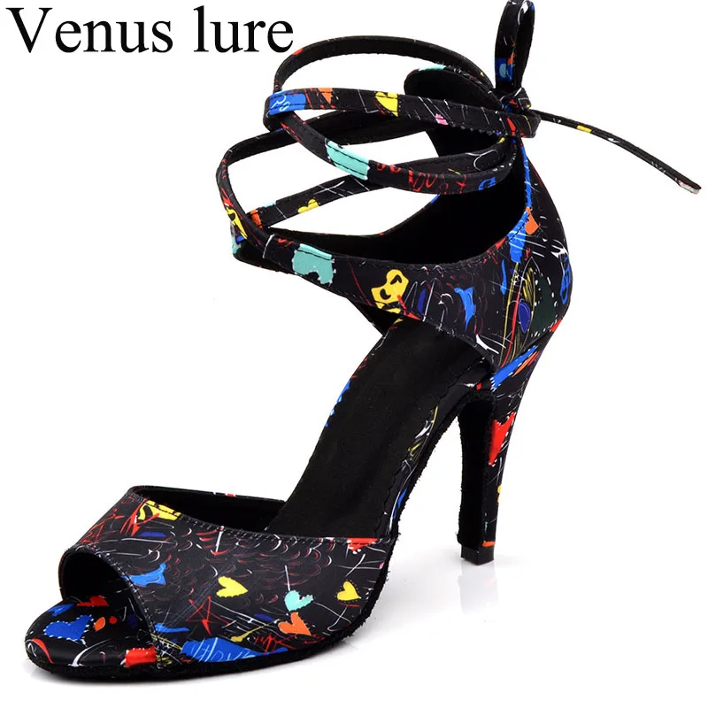 

Venus Lure Customized Sandals Latin Dance Woman High Heeled Printed Satin Shoes 10CM